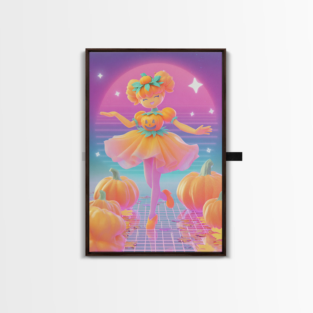 The Pumpkin Princess, Cute Spooky Neon Art, Vertical Wall Art, Framed Canvas Print, Retro Halloween Decor, Neon Wall Art, Dark Fantasy Art