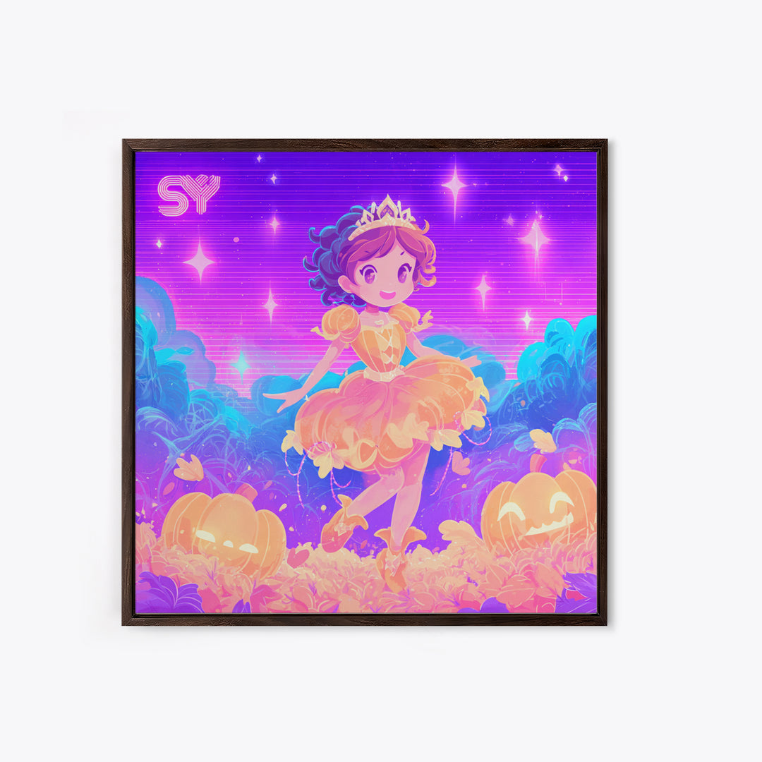 The Pumpkin Princess, Cute Spooky Neon Art, Square Wall Art, Canvas Print, Retro Halloween Decor, Neon Wall Art, Collectible Wall Decor