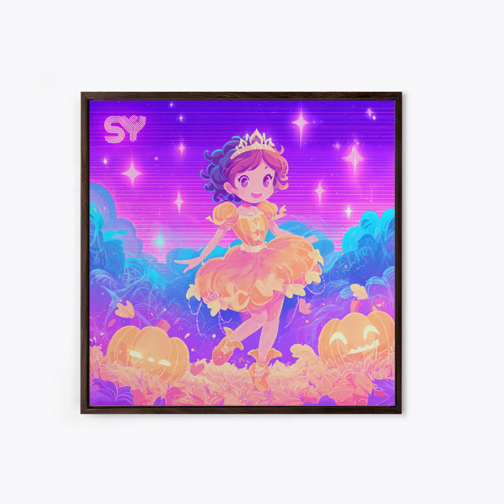 The Pumpkin Princess, Cute Spooky Neon Art, Square Wall Art, Canvas Print, Retro Halloween Decor, Neon Wall Art, Collectible Wall Decor