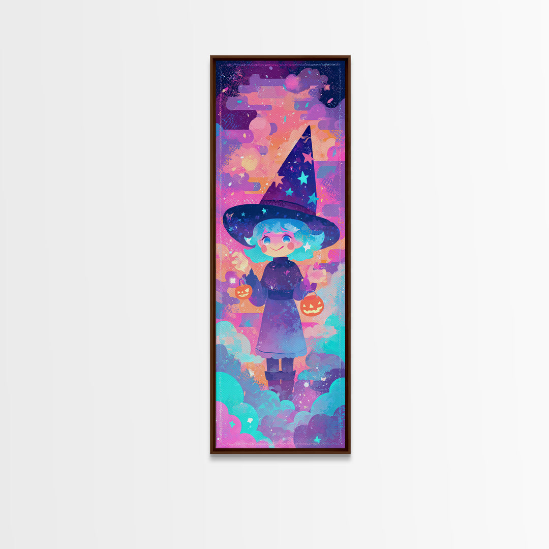 The Little Star Witch, Vaporwave Halloween Decor, Tall Narrow Wall Art, Framed Canvas Print, Retro Halloween Decor, Neon Wall Art