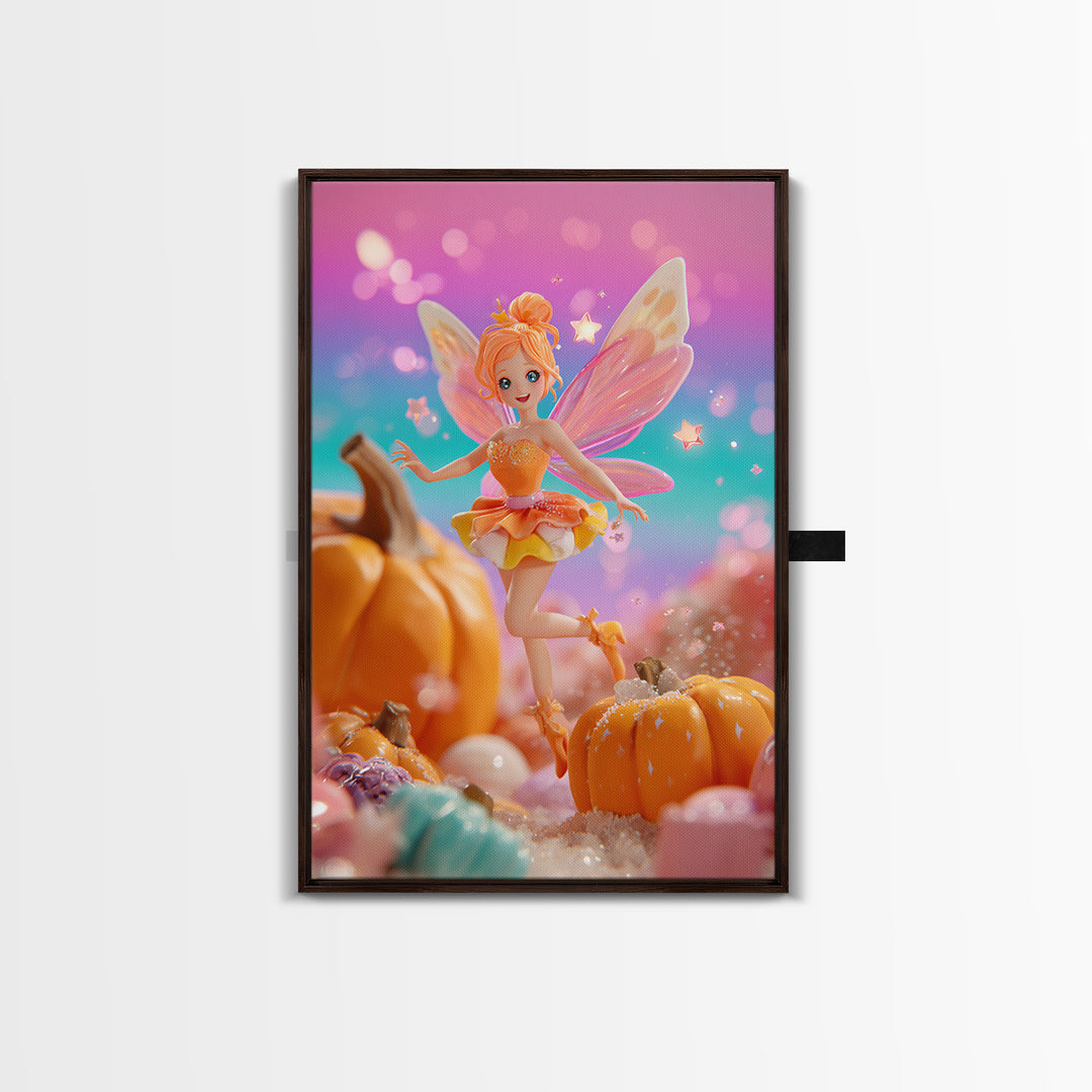 The Candy Corn Fairy, Retro Neon Halloween Art, Vertical Wall Art, Framed Canvas Print, Retro Halloween Decor, Neon Wall Art