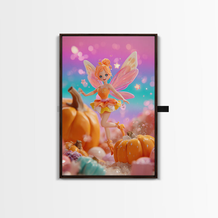 The Candy Corn Fairy, Retro Neon Halloween Art, Vertical Wall Art, Framed Canvas Print, Retro Halloween Decor, Neon Wall Art