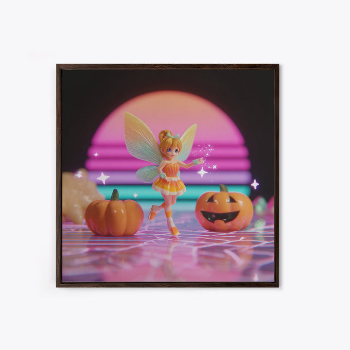 The Candy Corn Fairy, Vaporwave Halloween Decor, Square Wall Art, Canvas Print, Retro Halloween Decor, Neon Wall Art, Halloween Wall Art