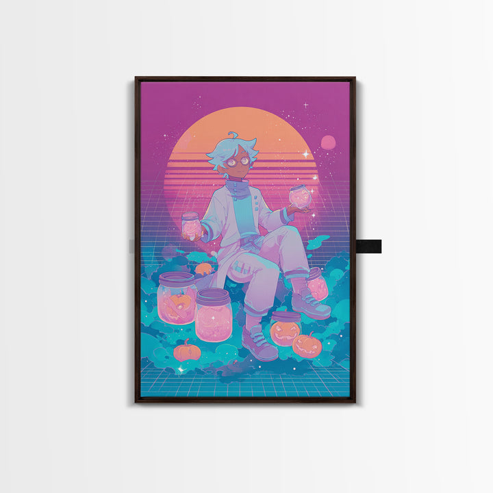 The Moonbeam Wizard, Vaporwave Halloween Decor, Vertical Wall Art, Framed Canvas Print, Retro Halloween Decor, Neon Wall Art