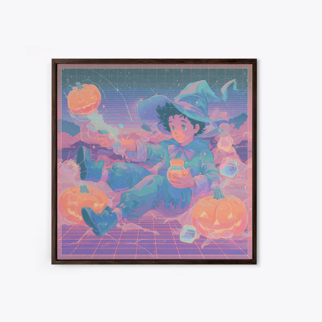 The Moonbeam Wizard, 80s Halloween Wall Art, Square Wall Art, Canvas Print, Retro Halloween Decor, Neon Wall Art, Collectible Wall Decor