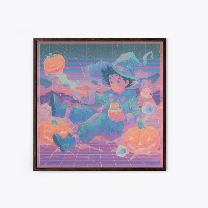 The Moonbeam Wizard, 80s Halloween Wall Art, Square Wall Art, Canvas Print, Retro Halloween Decor, Neon Wall Art, Collectible Wall Decor