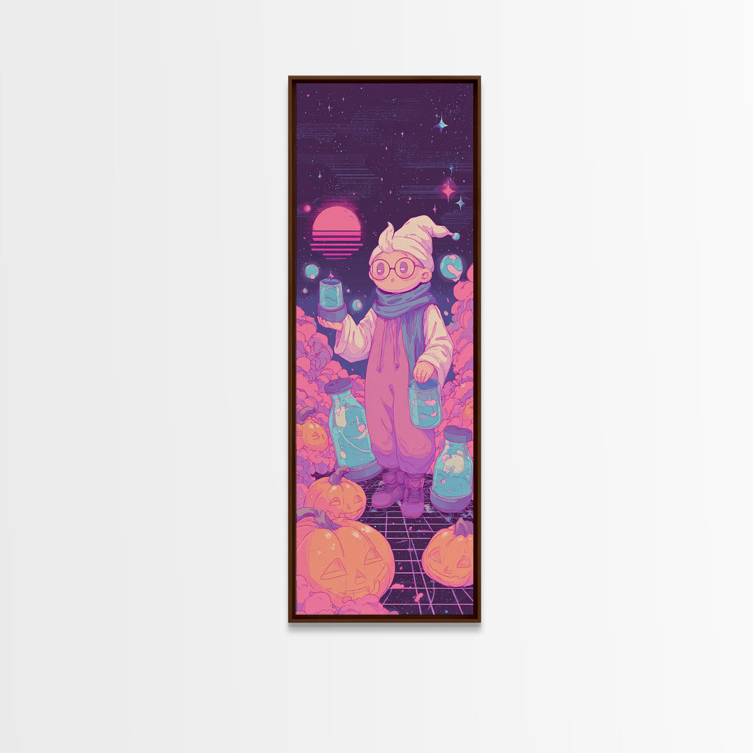 The Moonbeam Wizard, Retro Neon Halloween Art, Tall Narrow Wall Art, Framed Canvas Print, Retro Halloween Decor, Neon Wall Art