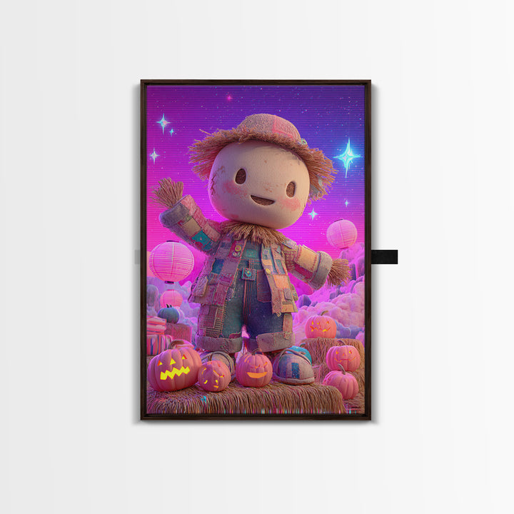 The Button-Nosed Scarecrow, Retro Neon Halloween Art, Vertical Wall Art, Framed Canvas Print, Retro Halloween Decor, Neon Wall Art
