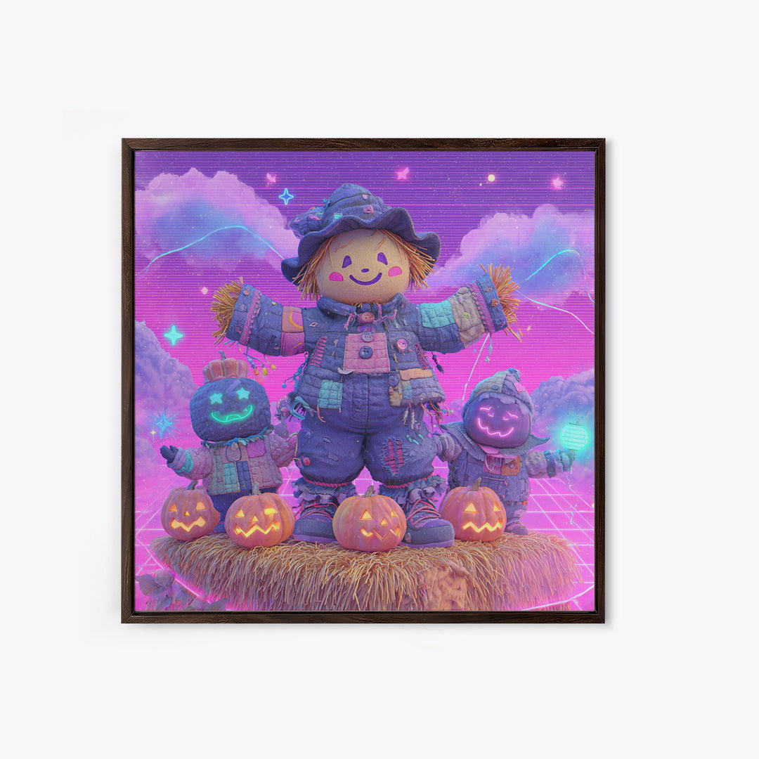 The Button-Nosed Scarecrow, Vaporwave Halloween Decor, Square Wall Art, Canvas Print, Retro Halloween Decor, Neon Wall Art, Macabre Wall Art