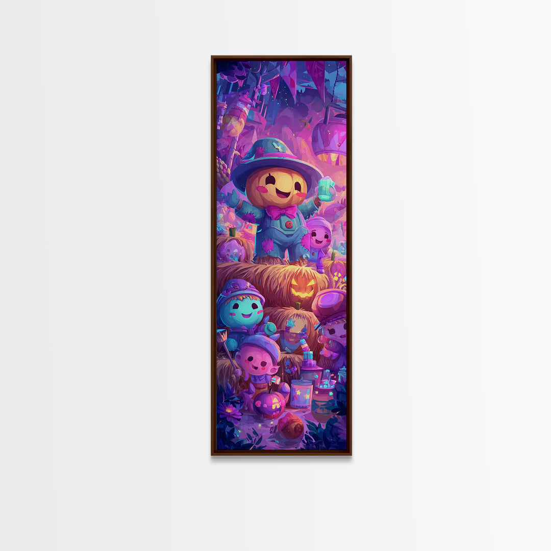 The Button-Nosed Scarecrow, 80s Halloween Wall Art, Tall Narrow Wall Art, Framed Canvas Print, Retro Halloween Decor, Neon Wall Art