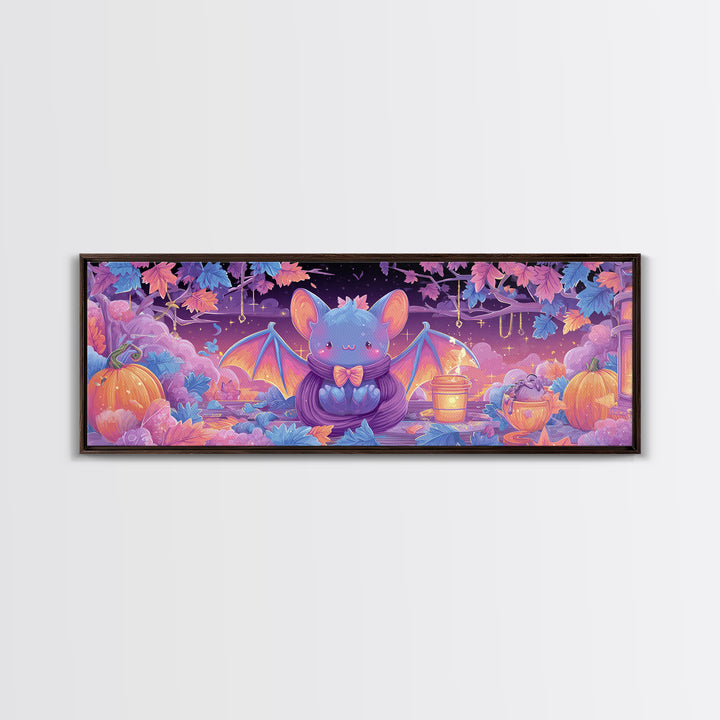 The Bow-Tie Bat, Cute Spooky Neon Art, Extra Wide Wall Art, Canvas Print, Retro Halloween Decor, Neon Wall Art, Dark Fantasy Art