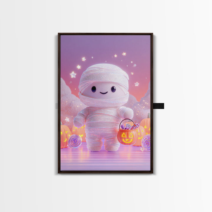 The Shy Little Mummy, Cute Spooky Neon Art, Vertical Wall Art, Framed Canvas Print, Retro Halloween Decor, Neon Wall Art