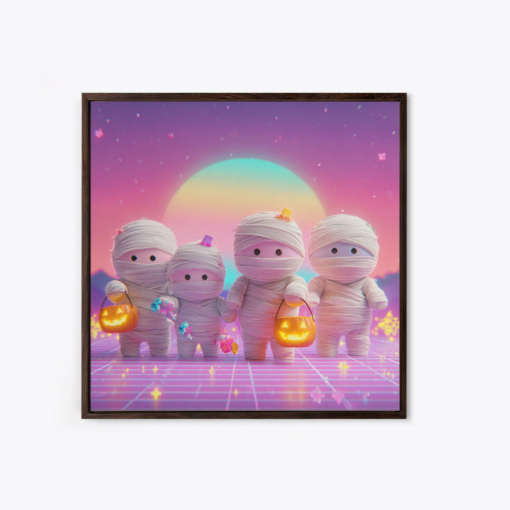 The Shy Little Mummy, Retro Neon Halloween Art, Square Wall Art, Canvas Print, Retro Halloween Decor, Neon Wall Art, Seasonal Home Decor
