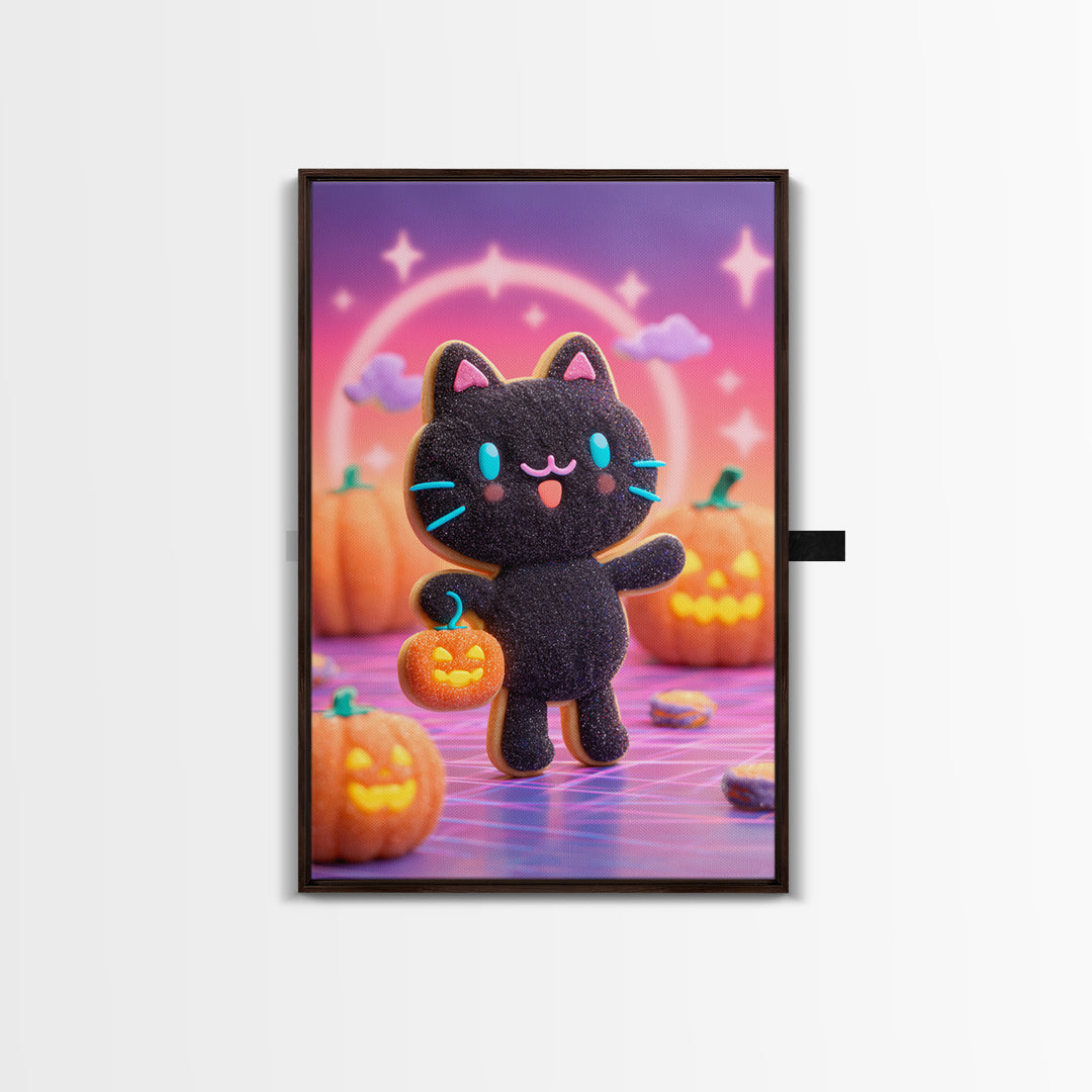 The Black Cat Baker, Cute Spooky Neon Art, Vertical Wall Art, Canvas Print, Retro Halloween Decor, Neon Wall Art, Horror Wall Art