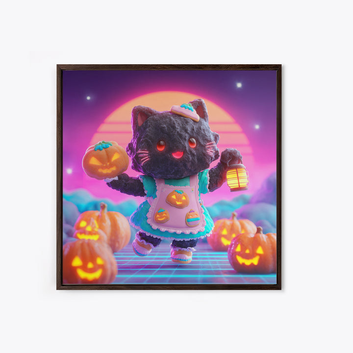 The Black Cat Baker, Vaporwave Halloween Decor, Square Wall Art, Framed Canvas Print, Retro Halloween Decor, Neon Wall Art, Horror Wall Art