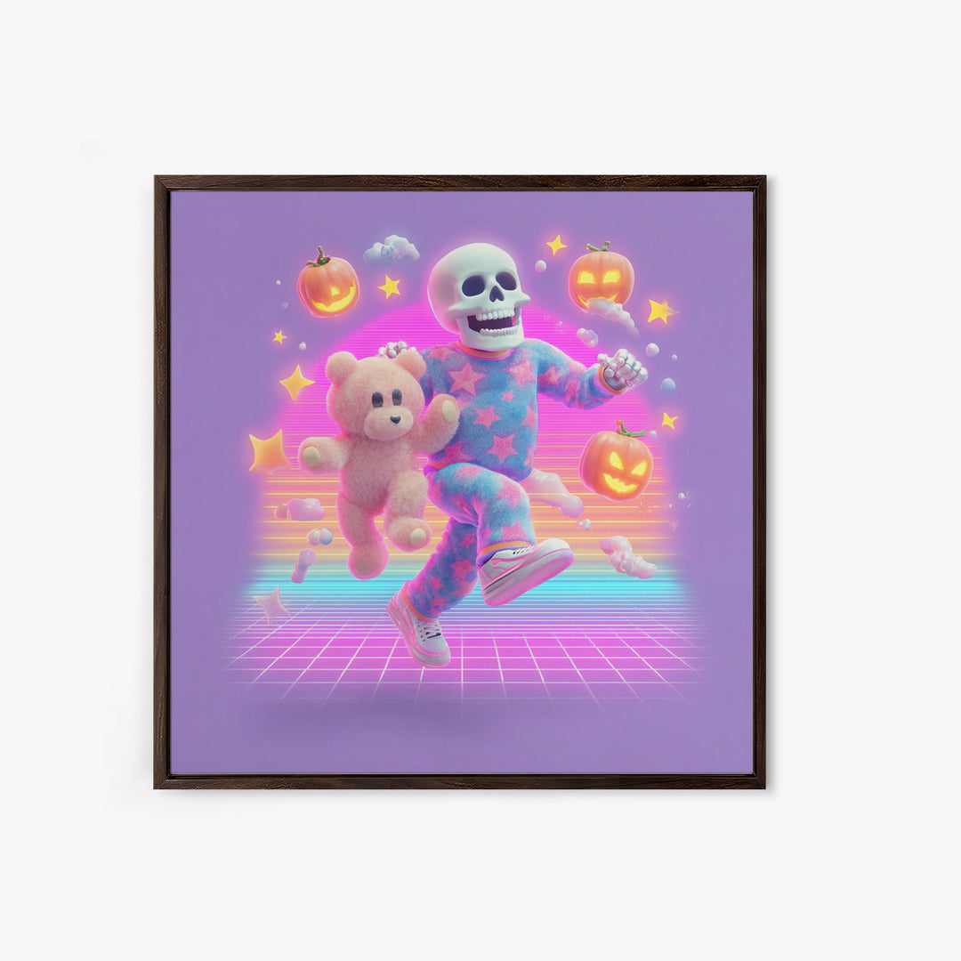 The Pajama Skeleton, Synthwave Halloween Art, Square Wall Art, Canvas Print, Retro Halloween Decor, Neon Wall Art, Spooky Wall Decor
