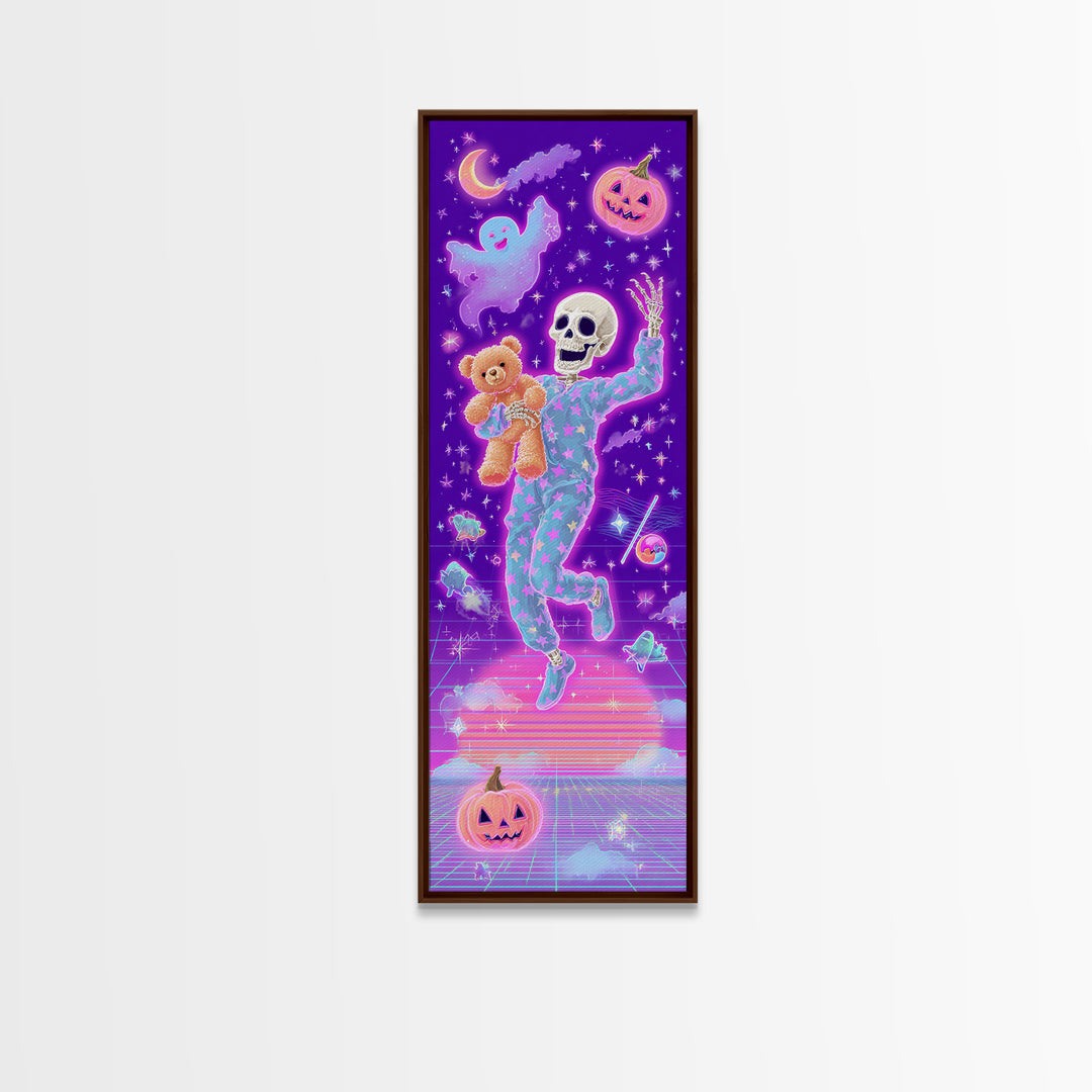 The Pajama Skeleton, Vaporwave Halloween Decor, Tall Narrow Wall Art, Framed Canvas Print, Retro Halloween Decor, Neon Wall Art