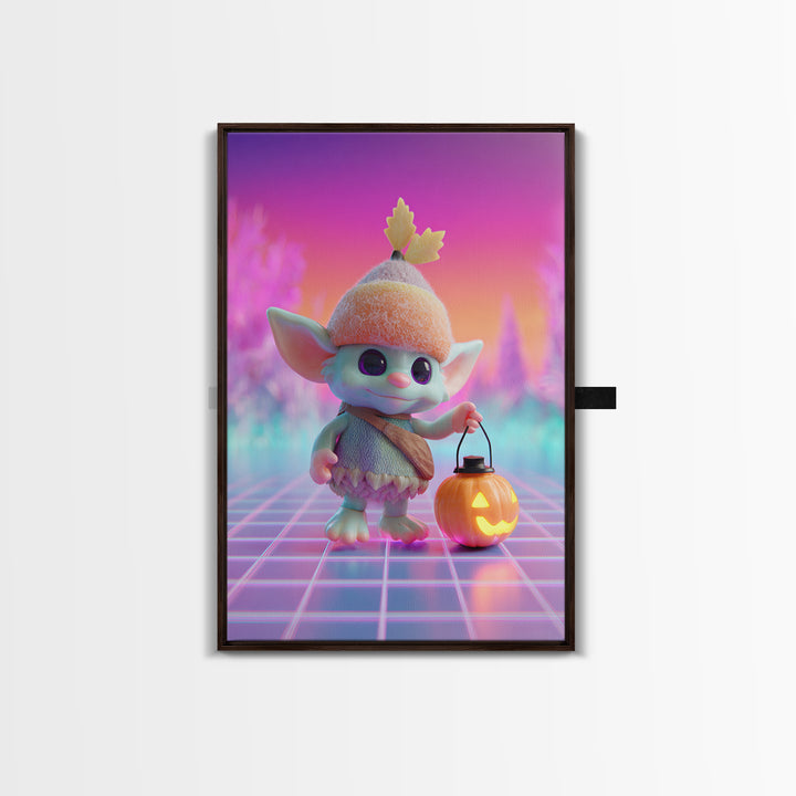 The Acorn Goblin, Cute Spooky Neon Art, Vertical Wall Art, Framed Canvas Print, Retro Halloween Decor, Neon Wall Art, Spooky Wall Decor