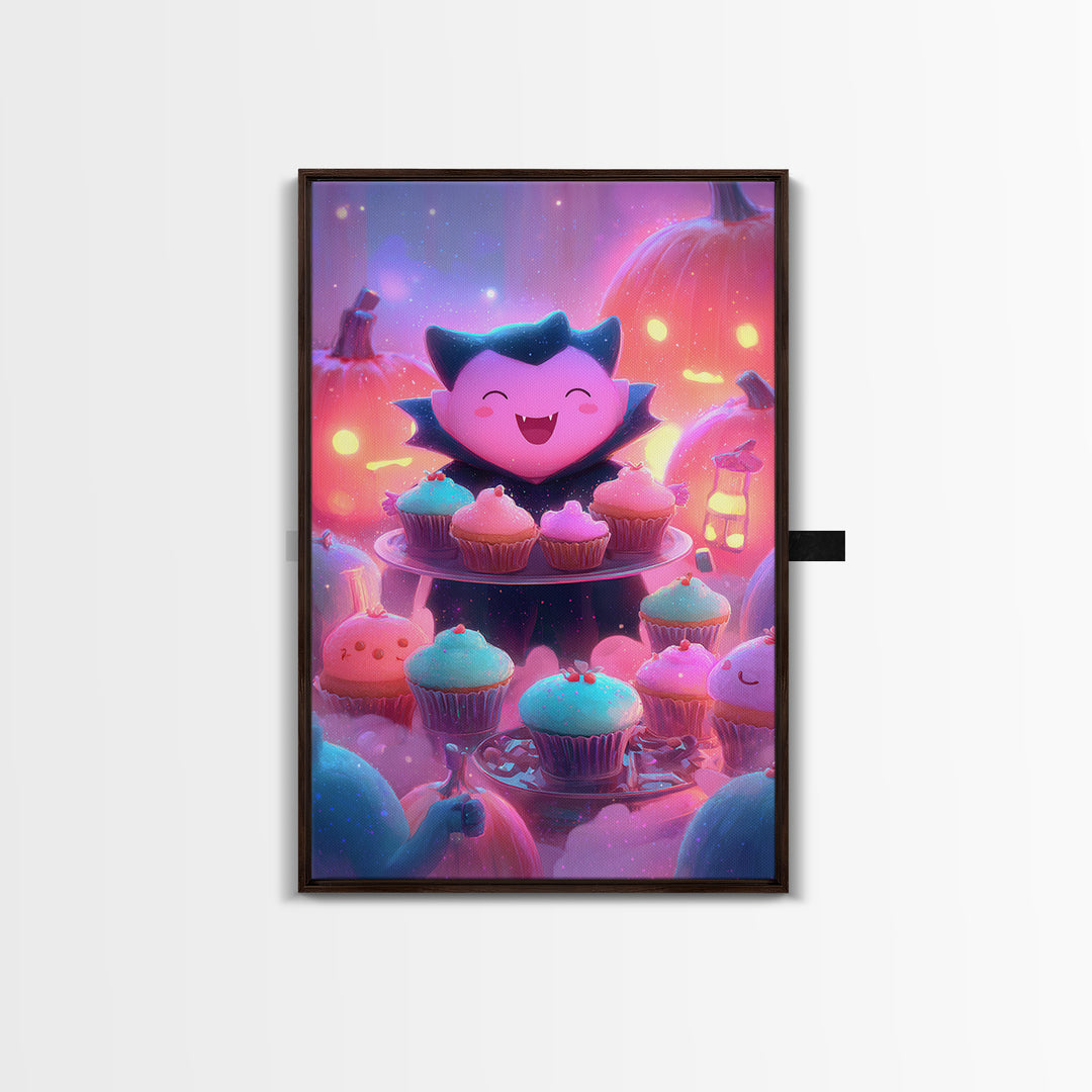 The Cupcake Vampire, Vaporwave Halloween Decor, Vertical Wall Art, Framed Canvas Print, Retro Halloween Decor, Neon Wall Art