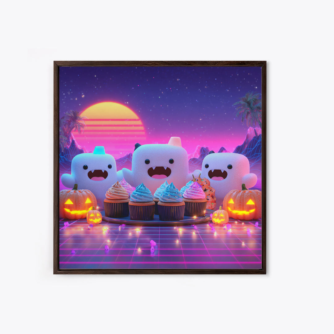 The Cupcake Vampire, Synthwave Halloween Art, Square Wall Art, Framed Canvas Print, Retro Halloween Decor, Neon Wall Art, Horror Wall Art