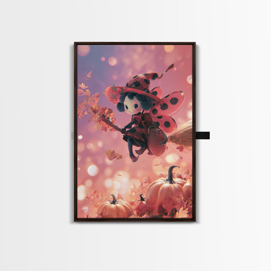 The Ladybug Witch, 80s Halloween Wall Art, Vertical Wall Art, Framed Canvas Print, Retro Halloween Decor, Neon Wall Art