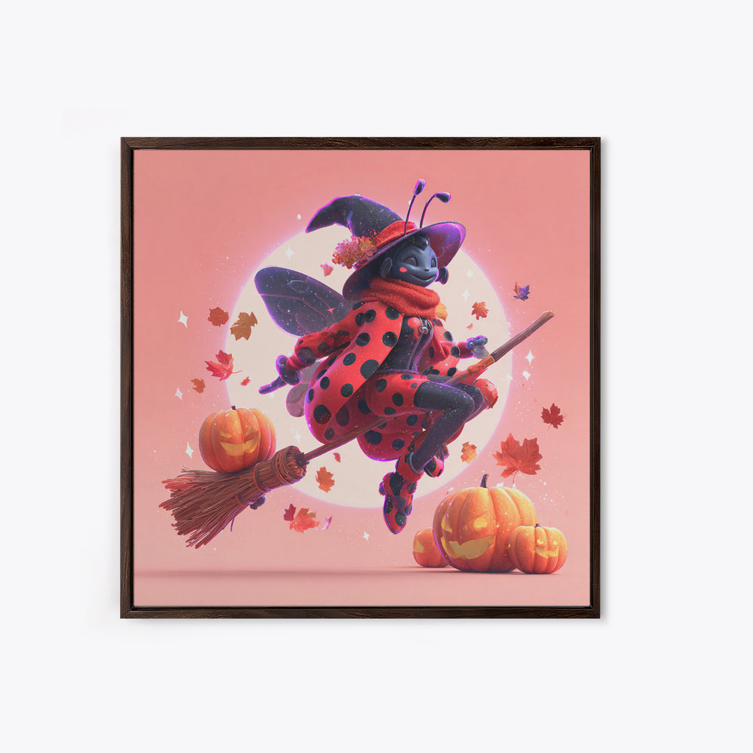 The Ladybug Witch, Retro Neon Halloween Art, Square Wall Art, Canvas Print, Retro Halloween Decor, Neon Wall Art, Halloween Wall Art