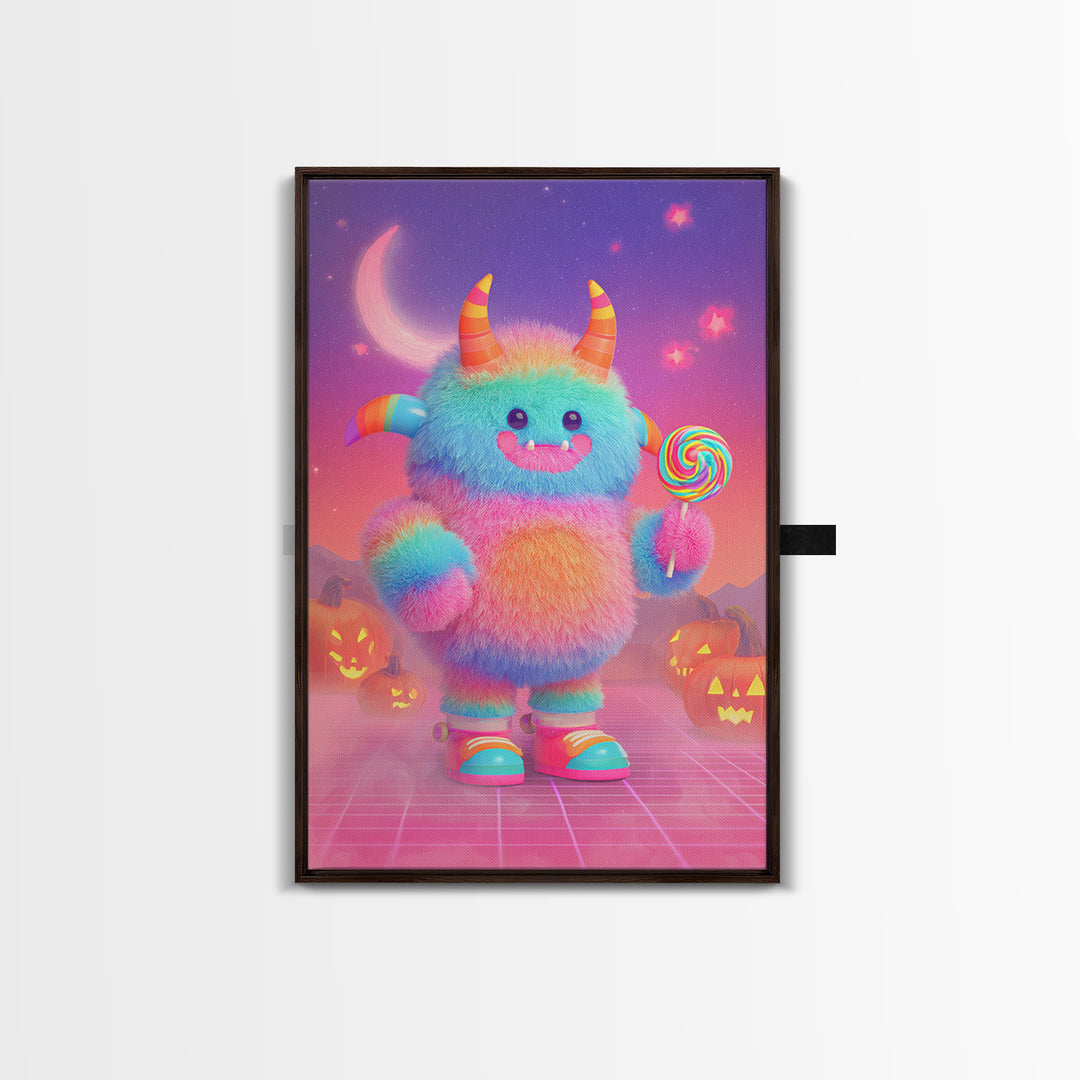 The Rainbow Monster, Vaporwave Halloween Decor, Vertical Wall Art, Canvas Print, Retro Halloween Decor, Neon Wall Art, Dark Fantasy Art