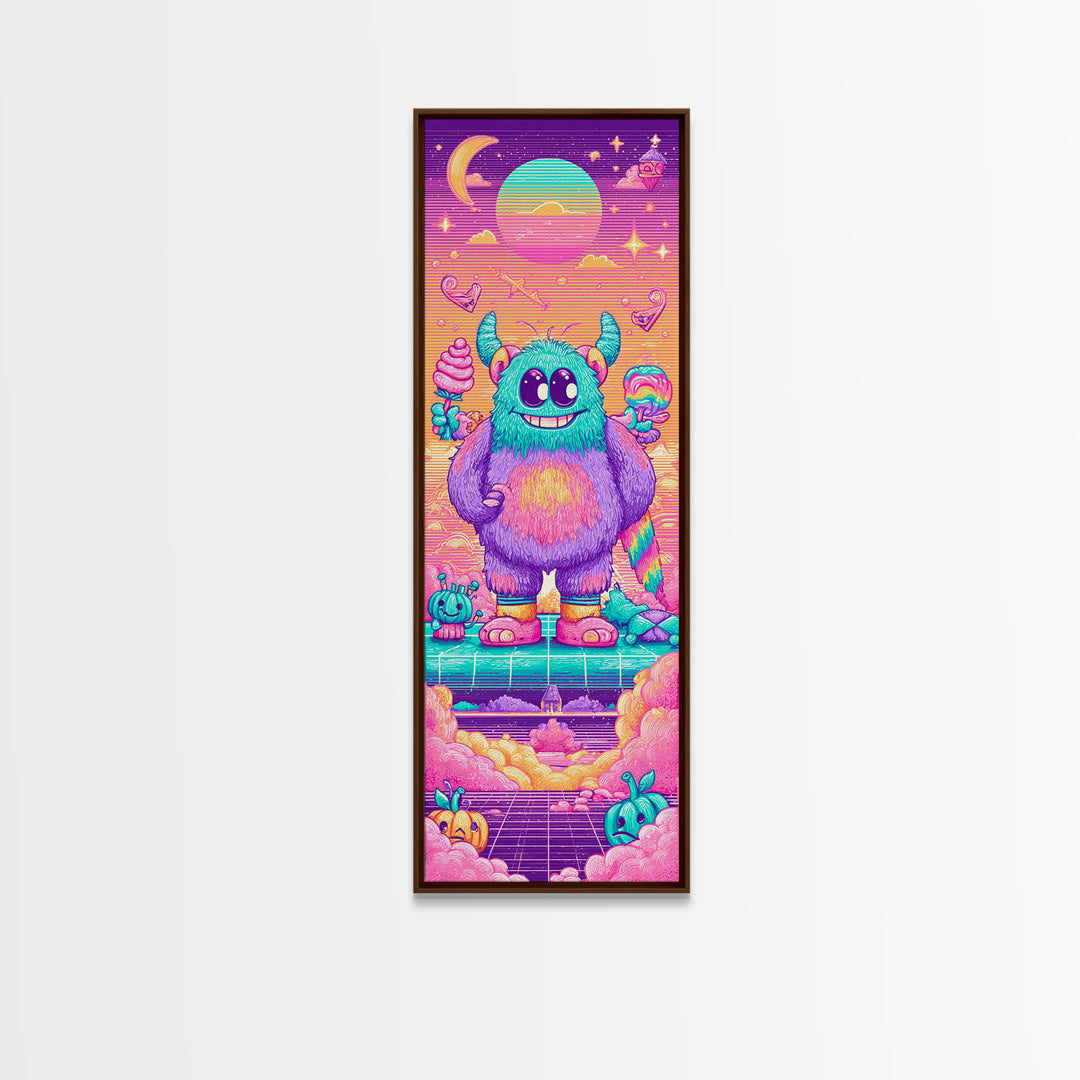The Rainbow Monster, Synthwave Halloween Art, Tall Narrow Wall Art, Canvas Print, Retro Halloween Decor, Neon Wall Art, Horror Wall Art
