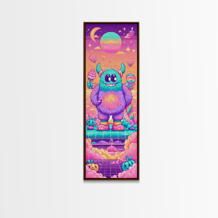 The Rainbow Monster, Synthwave Halloween Art, Tall Narrow Wall Art, Canvas Print, Retro Halloween Decor, Neon Wall Art, Horror Wall Art
