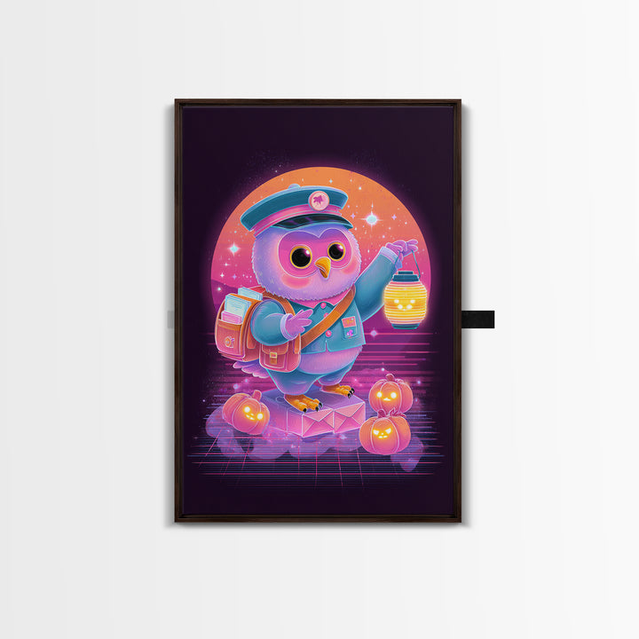 The Owl Postmaster, Cute Spooky Neon Art, Vertical Wall Art, Framed Canvas Print, Retro Halloween Decor, Neon Wall Art, Halloween Wall Art
