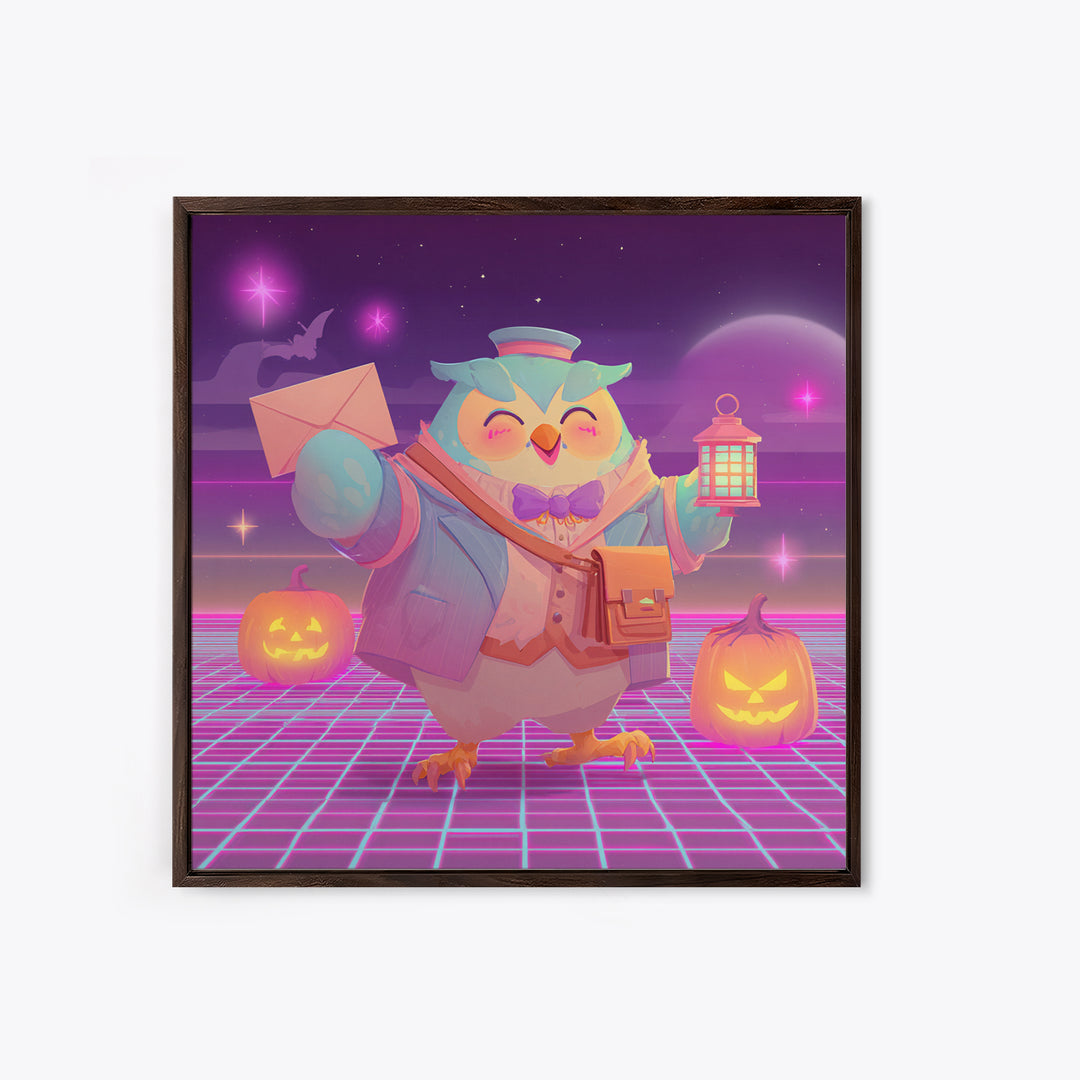 The Owl Postmaster, Retro Neon Halloween Art, Square Wall Art, Framed Canvas Print, Retro Halloween Decor, Neon Wall Art, Halloween Wall Art