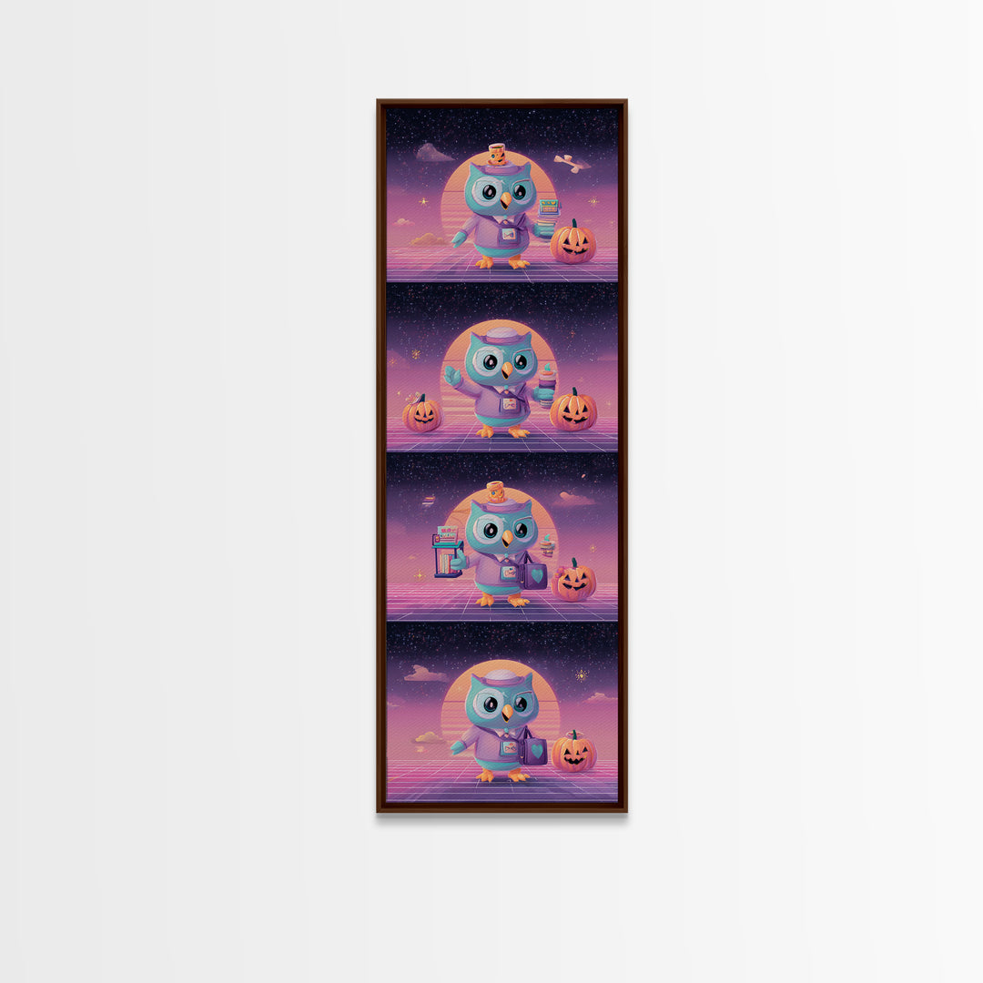 The Owl Postmaster, Vaporwave Halloween Decor, Tall Narrow Wall Art, Framed Canvas Print, Retro Halloween Decor, Neon Wall Art