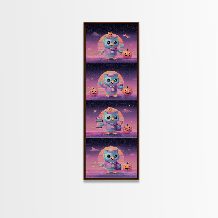 The Owl Postmaster, Vaporwave Halloween Decor, Tall Narrow Wall Art, Framed Canvas Print, Retro Halloween Decor, Neon Wall Art