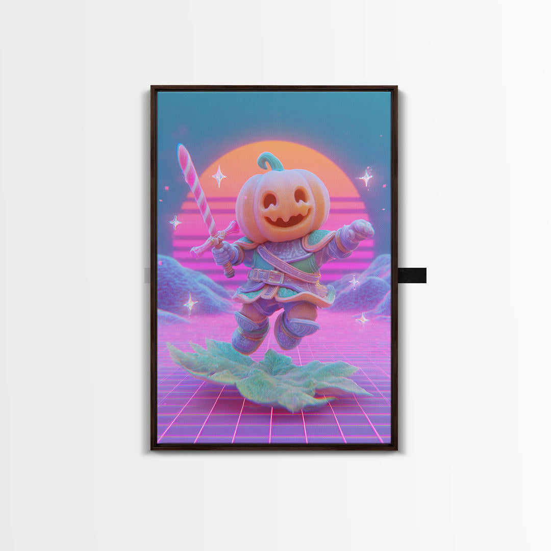 The Pumpkin Knight, 80s Halloween Wall Art, Vertical Wall Art, Framed Canvas Print, Retro Halloween Decor, Neon Wall Art, Horror Wall Art
