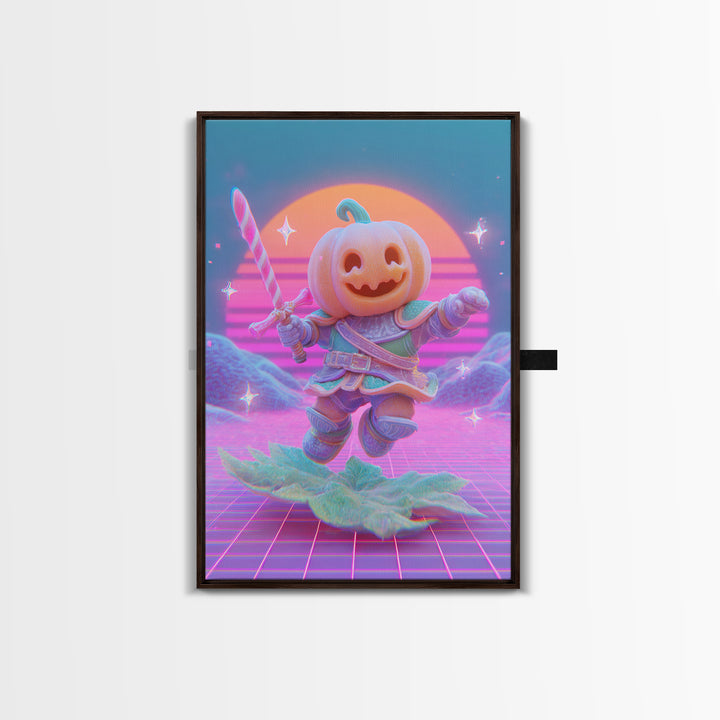 The Pumpkin Knight, 80s Halloween Wall Art, Vertical Wall Art, Framed Canvas Print, Retro Halloween Decor, Neon Wall Art, Horror Wall Art