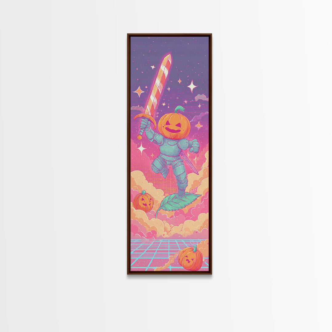 The Pumpkin Knight, Cute Spooky Neon Art, Tall Narrow Wall Art, Canvas Print, Retro Halloween Decor, Neon Wall Art, Dark Fantasy Art