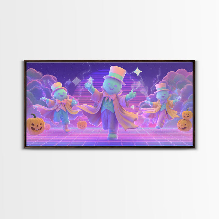 The Star-Cape Magician, Synthwave Halloween Art, Wide Panoramic Art, Framed Canvas Print, Retro Halloween Decor, Neon Wall Art