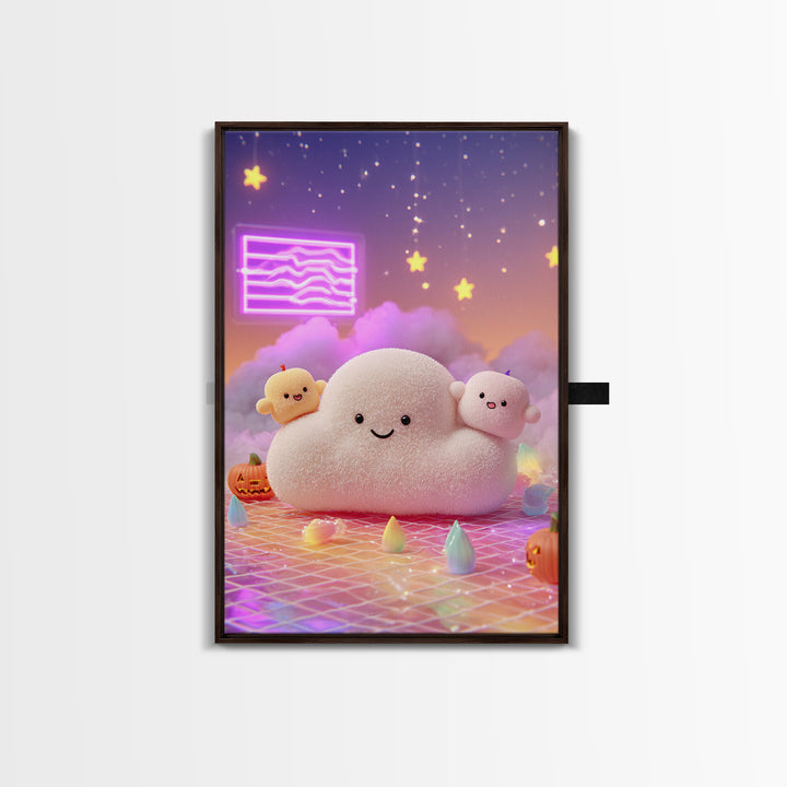 The Cloud Ghost, Retro Neon Halloween Art, Vertical Wall Art, Canvas Print, Retro Halloween Decor, Neon Wall Art, Seasonal Home Decor