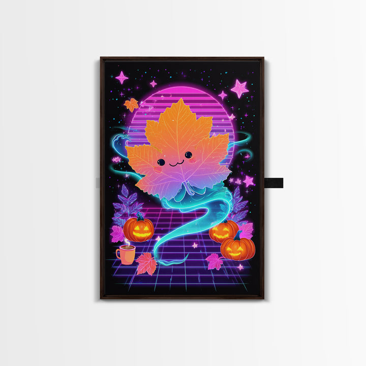 The Autumn Leaf Sprite, Retro Neon Halloween Art, Vertical Wall Art, Canvas Print, Retro Halloween Decor, Neon Wall Art, Horror Wall Art