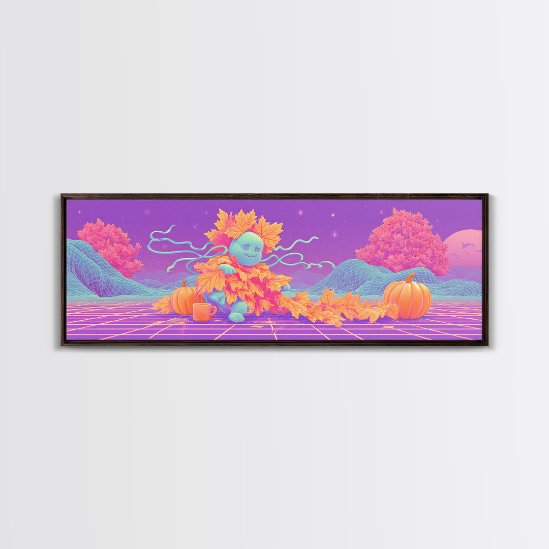 The Autumn Leaf Sprite, Retro Neon Halloween Art, Extra Wide Wall Art, Framed Canvas Print, Retro Halloween Decor, Neon Wall Art