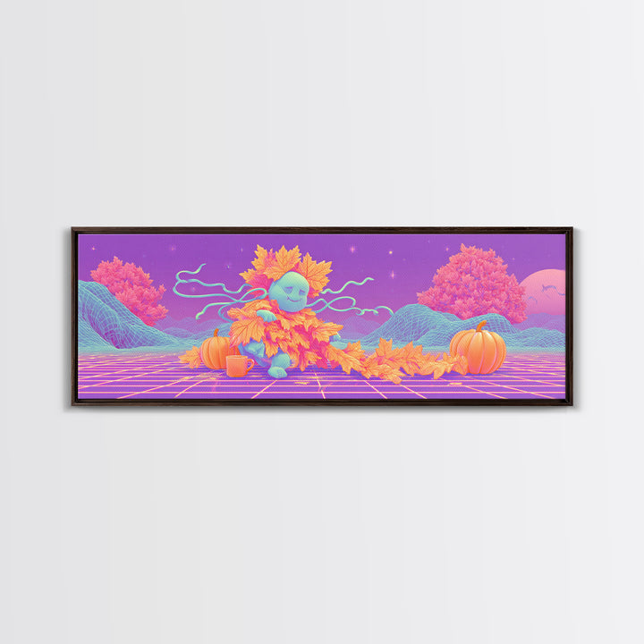 The Autumn Leaf Sprite, Retro Neon Halloween Art, Extra Wide Wall Art, Framed Canvas Print, Retro Halloween Decor, Neon Wall Art