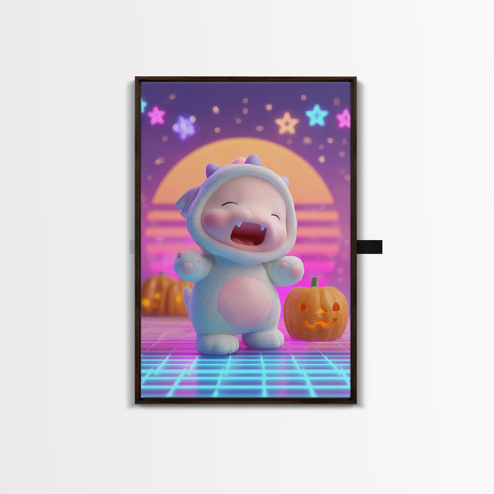 The Sleepy Costume Dragon, Synthwave Halloween Art, Vertical Wall Art, Canvas Print, Retro Halloween Decor, Neon Wall Art, Gothic Home Decor