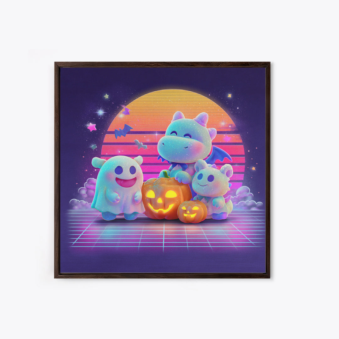 The Sleepy Costume Dragon, Vaporwave Halloween Decor, Square Wall Art, Canvas Print, Retro Halloween Decor, Neon Wall Art