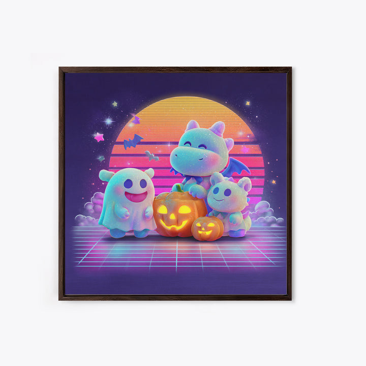 The Sleepy Costume Dragon, Vaporwave Halloween Decor, Square Wall Art, Canvas Print, Retro Halloween Decor, Neon Wall Art