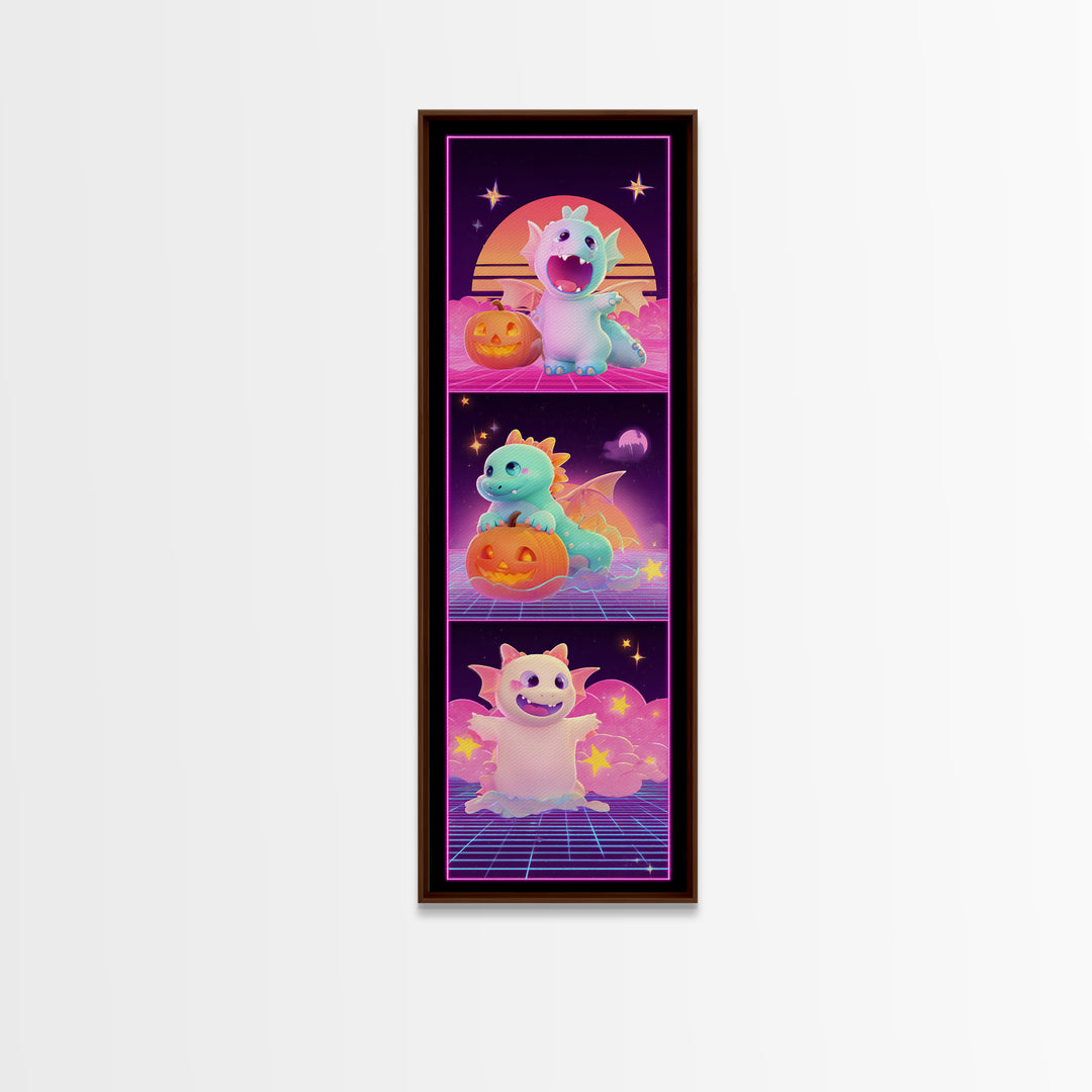 The Sleepy Costume Dragon, Synthwave Halloween Art, Tall Narrow Wall Art, Canvas Print, Retro Halloween Decor, Neon Wall Art