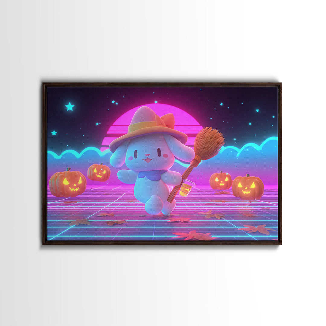 The Bunny Witch, Retro Neon Halloween Art, Landscape Wall Art, Framed Canvas Print, Retro Halloween Decor, Neon Wall Art
