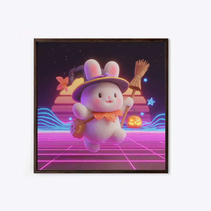 The Bunny Witch, Retro Neon Halloween Art, Square Wall Art, Framed Canvas Print, Retro Halloween Decor, Neon Wall Art