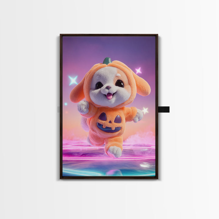 The Pumpkin Puppy, 80s Halloween Wall Art, Vertical Wall Art, Framed Canvas Print, Retro Halloween Decor, Neon Wall Art, Dark Fantasy Art