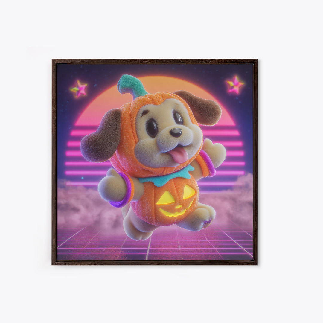The Pumpkin Puppy, 80s Halloween Wall Art, Square Wall Art, Canvas Print, Retro Halloween Decor, Neon Wall Art, Collectible Wall Decor