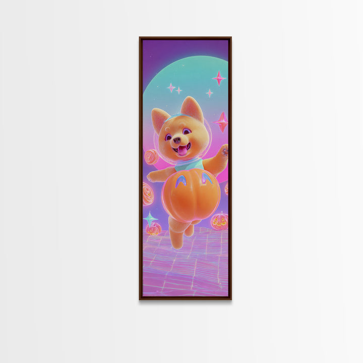 The Pumpkin Puppy, Retro Neon Halloween Art, Tall Narrow Wall Art, Canvas Print, Retro Halloween Decor, Neon Wall Art